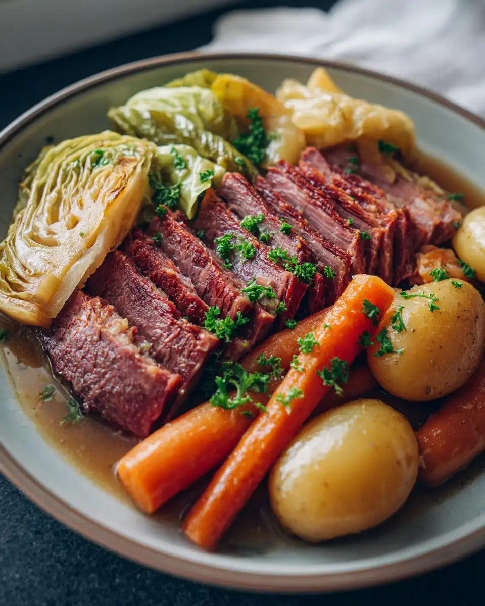 A close-up of a platter of Amazing Baked Corned Beef and Cabbage, with sliced corned beef, carrots, potatoes, and cabbage wedges, garnished with parsley.