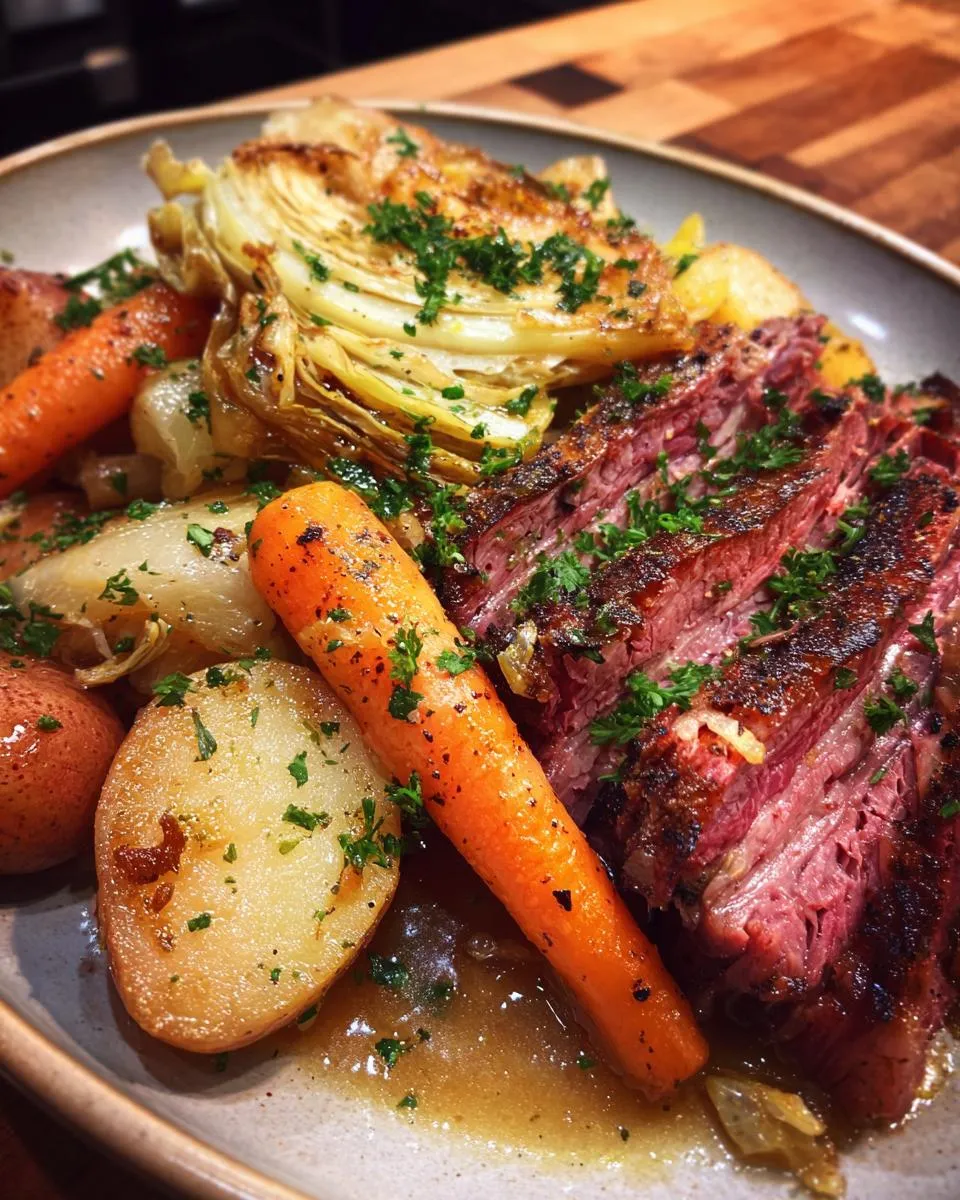 A close-up of sliced baked corned beef and cabbage served with roasted potatoes and carrots, garnished with parsley.