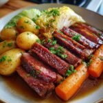 A close-up of a delicious platter of Baked Corned Beef and Cabbage with potatoes and carrots.