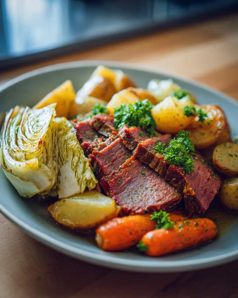 A close-up of a platter featuring sliced Baked Corned Beef and Cabbage with roasted potatoes and carrots, garnished with parsley.