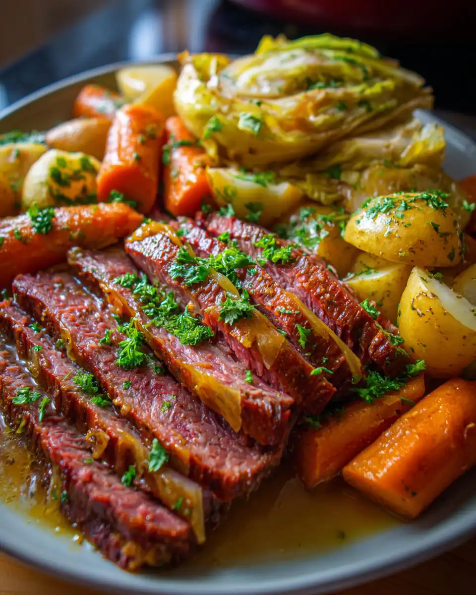 A close-up of a platter filled with sliced baked corned beef and cabbage, alongside roasted carrots and potatoes, garnished with parsley.