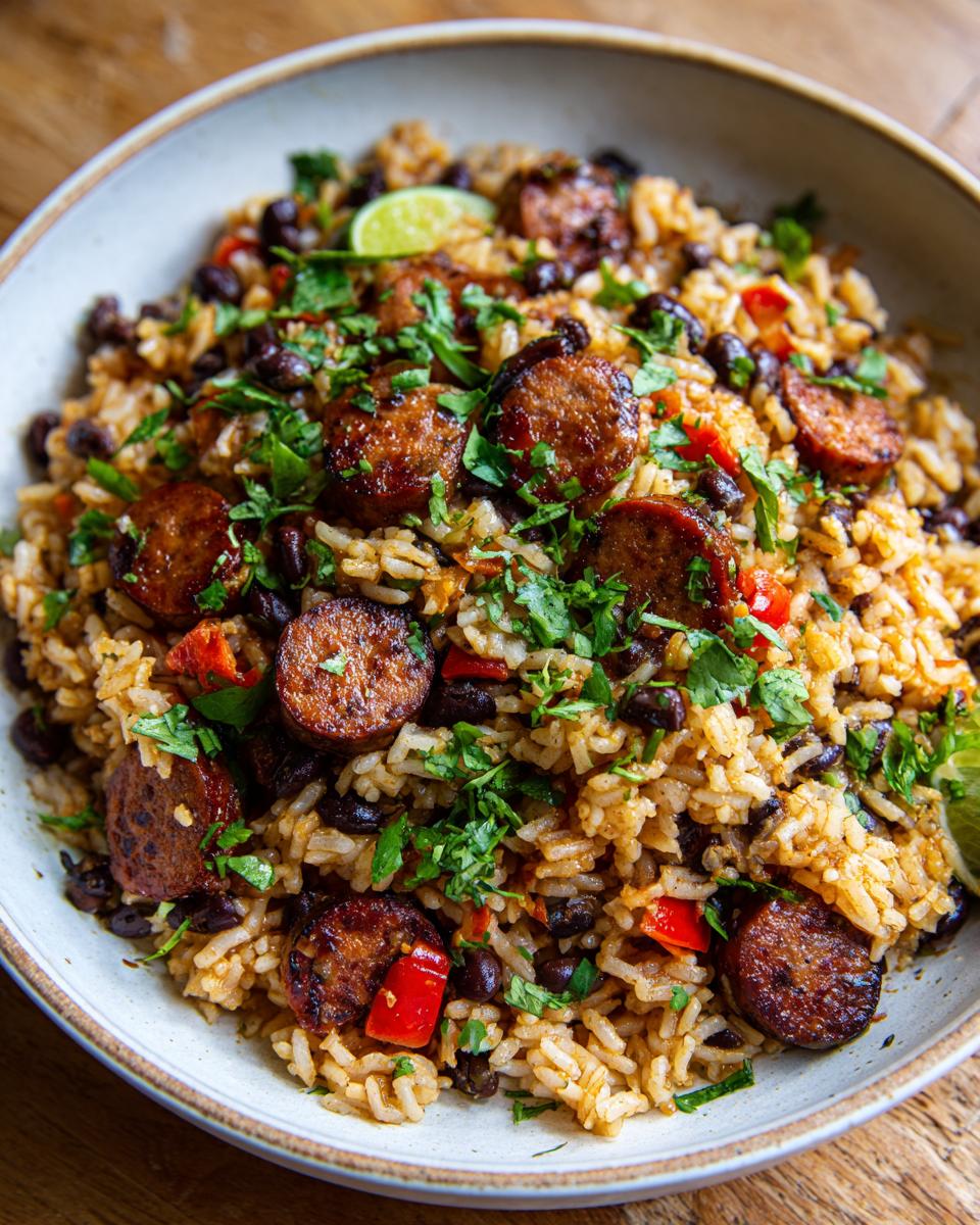 A close-up of a bowl filled with Black Beans Sausage and Rice Skillet, garnished with cilantro and lime wedges.