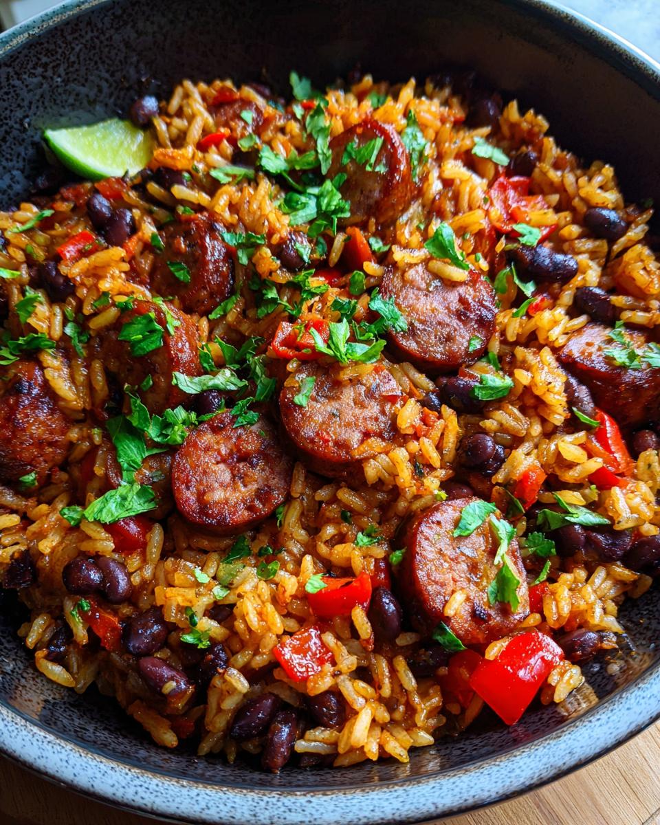 Close-up of a hearty Black Beans Sausage and Rice Skillet, garnished with fresh parsley and a lime wedge.