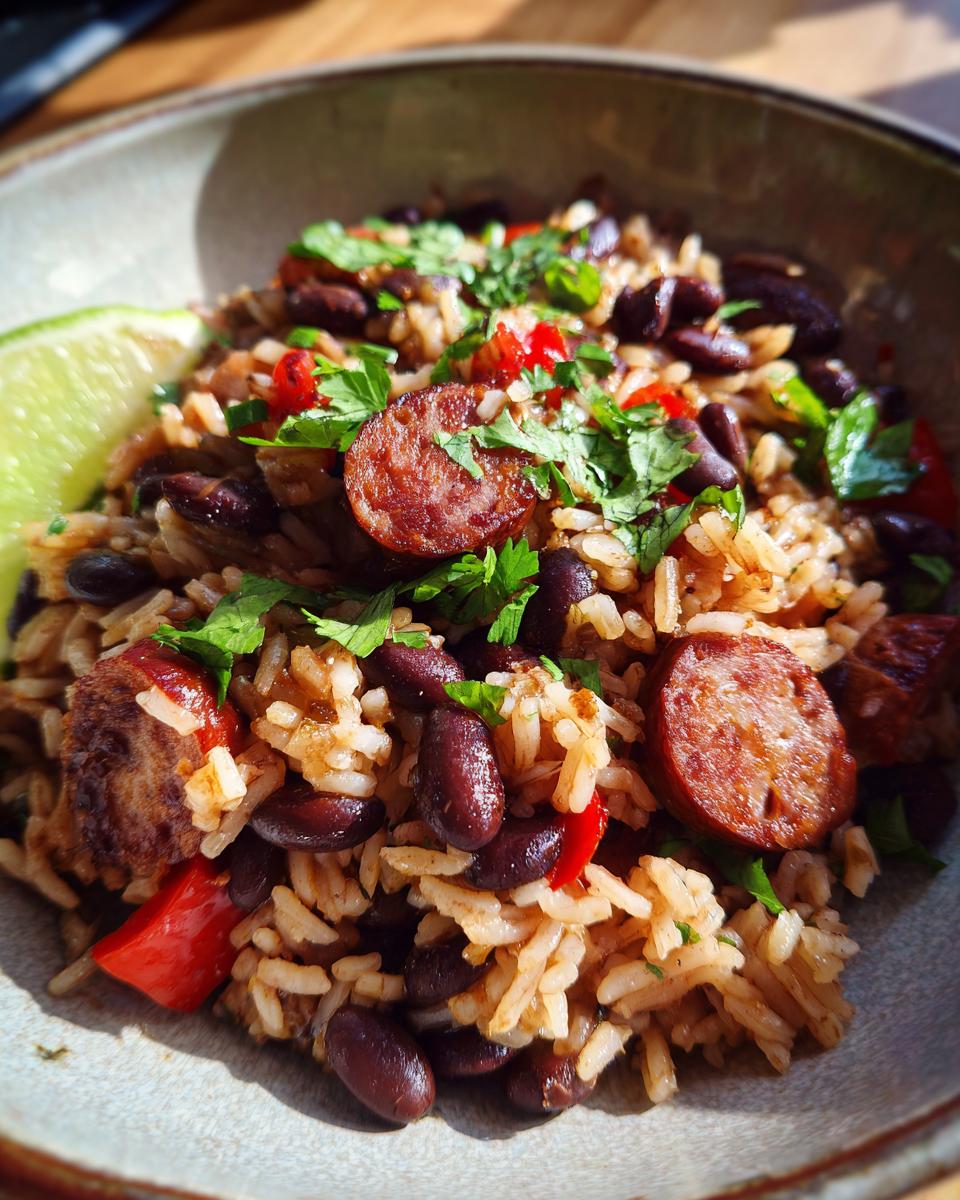 A close-up of a bowl of Black Beans Sausage and Rice Skillet, garnished with parsley and a lime wedge.