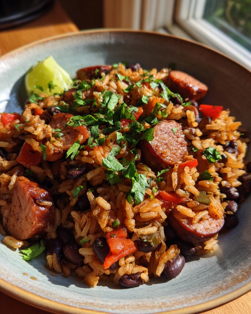 A bowl of Black Beans Sausage and Rice Skillet, garnished with parsley and a lime wedge.