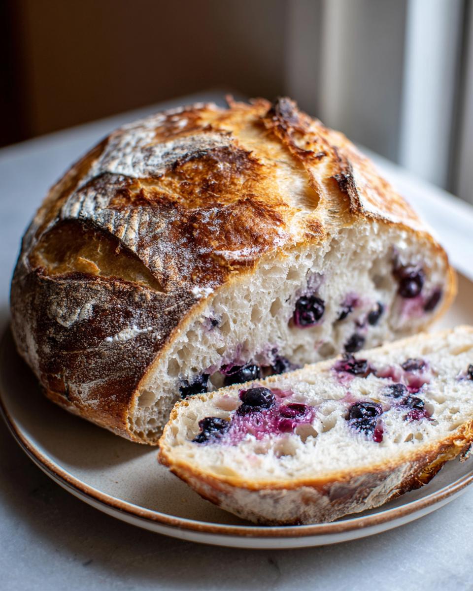 A beautiful loaf of Blueberry Lemon Sourdough Bread, sliced to reveal juicy blueberries and a soft crumb.
