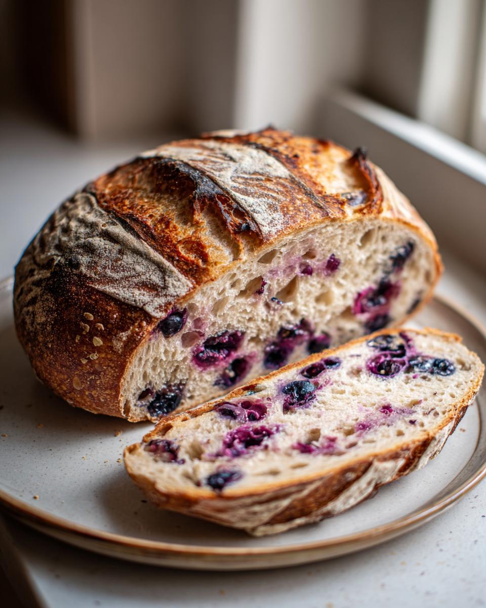 A slice of Blueberry Lemon Sourdough Bread showing a golden crust and a soft interior filled with blueberries.