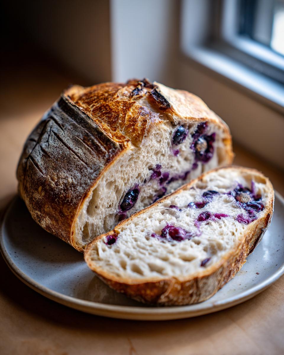 A slice of Blueberry Lemon Sourdough Bread on a plate, showing the airy crumb and bursting blueberries.
