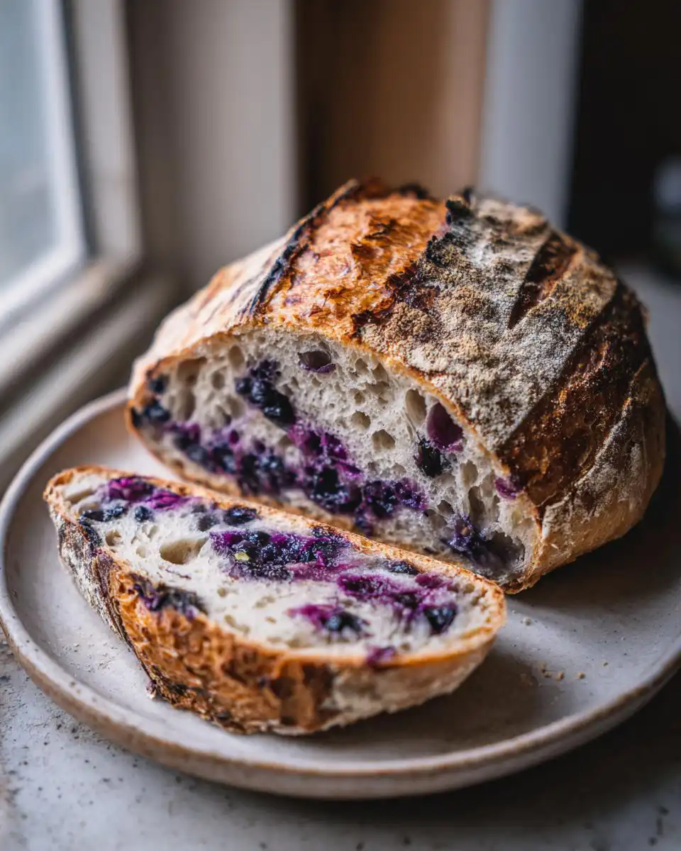 A slice of Blueberry Lemon Sourdough Bread on a plate, showcasing the vibrant blueberries within the crumb.