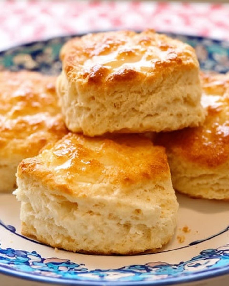 Close-up of fluffy buttermilk biscuits, golden brown and glistening with butter.