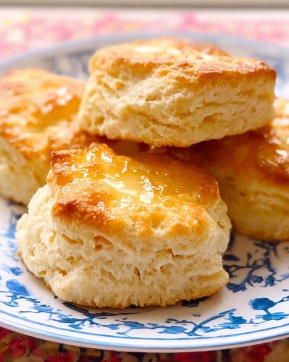 A stack of golden-brown buttermilk biscuits, glistening with melted butter, on a decorative blue and white plate.