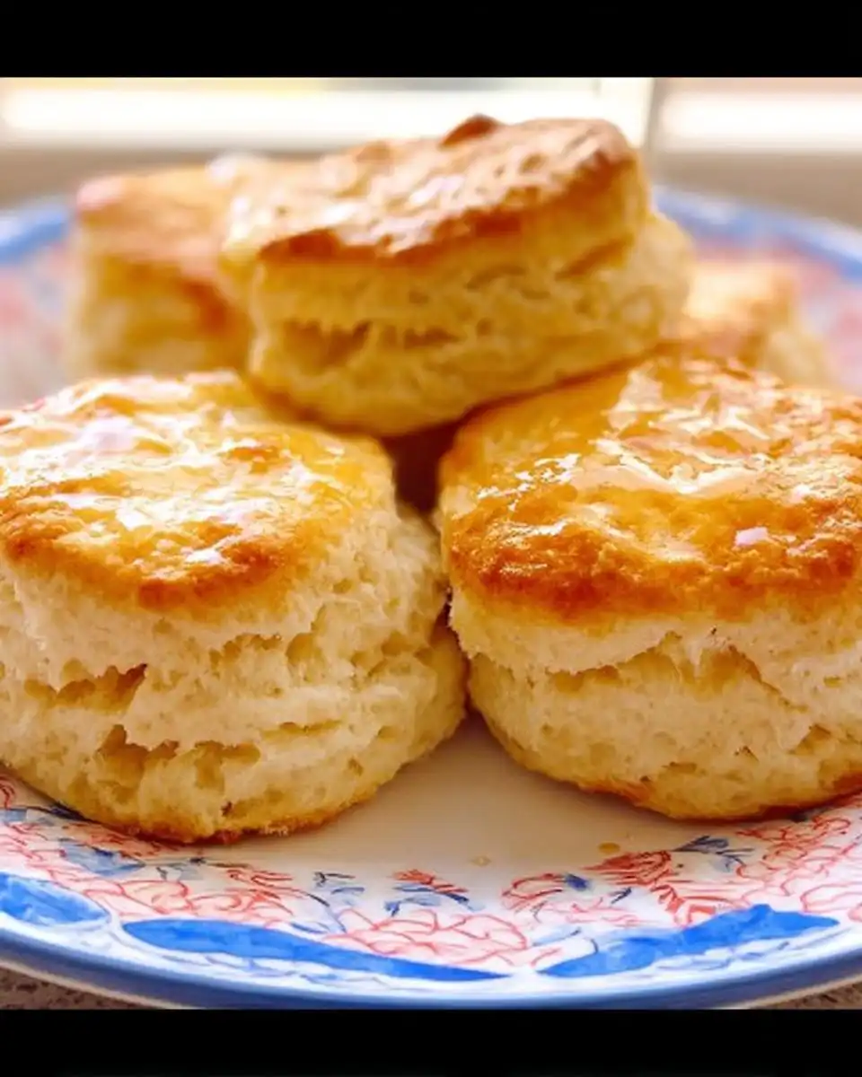 Close-up of golden-brown buttermilk biscuits stacked on a decorative plate.