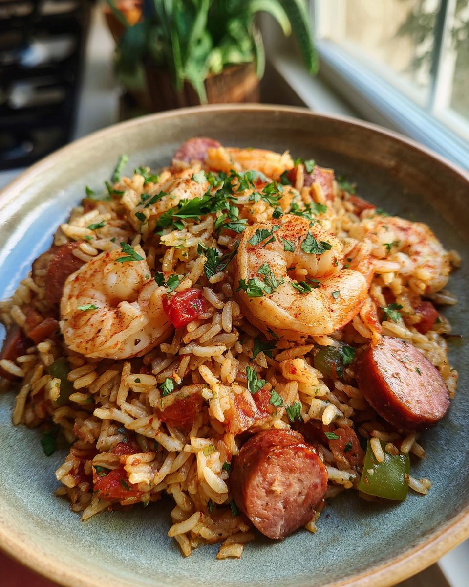 A close-up of a bowl of Cajun Jambalaya with Shrimp and Sausage, garnished with parsley and paprika.