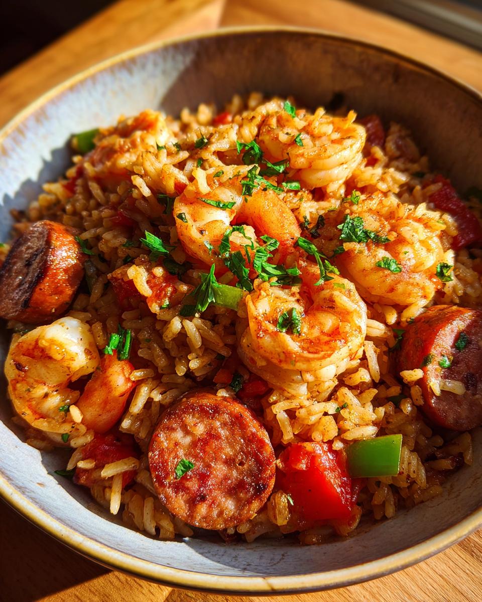 A close-up of a bowl of Cajun Jambalaya with Shrimp and Sausage, garnished with fresh parsley.