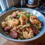 A bowl of delicious Cajun Jambalaya with Shrimp and Sausage, garnished with fresh parsley.