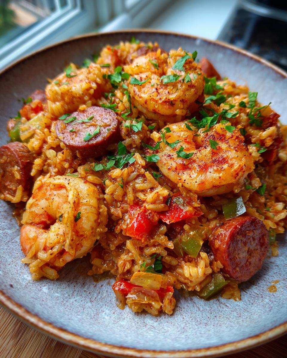 A close-up of a bowl of Cajun Jambalaya with Shrimp and Sausage, garnished with fresh parsley.
