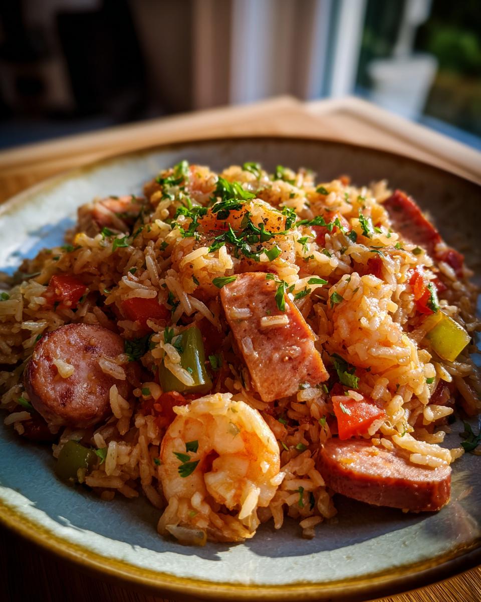 A close-up of a bowl of Cajun Jambalaya with Shrimp and Sausage, garnished with parsley.