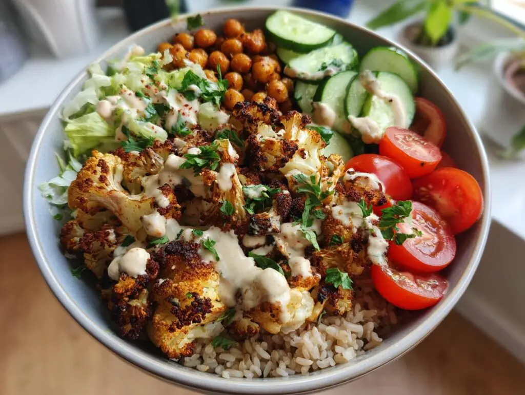 A vibrant Cauliflower Shawarma Bowl featuring roasted cauliflower florets, brown rice, chickpeas, cucumber, and tomatoes, drizzled with tahini sauce.
