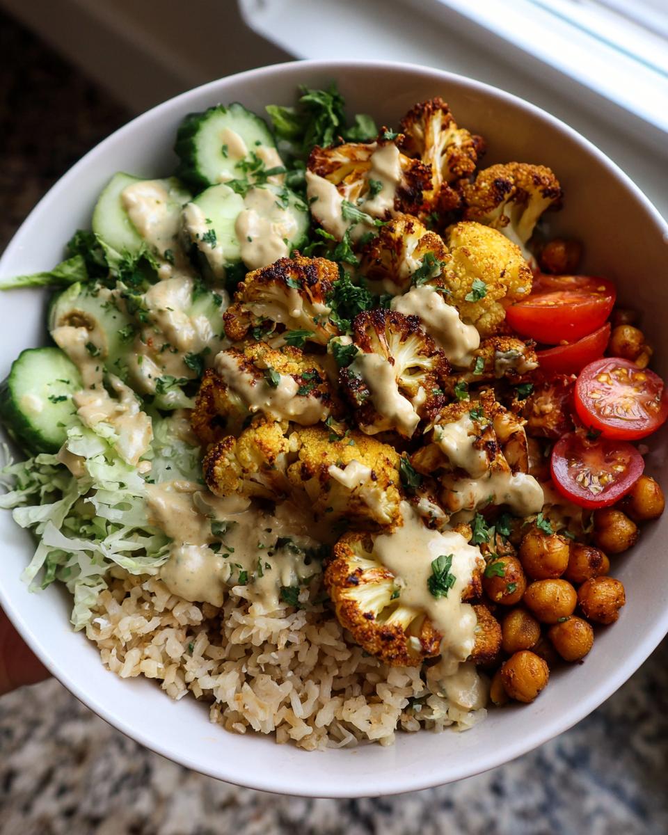 A vibrant Cauliflower Shawarma Bowl filled with roasted cauliflower, rice, chickpeas, cucumbers, tomatoes, and tahini dressing.