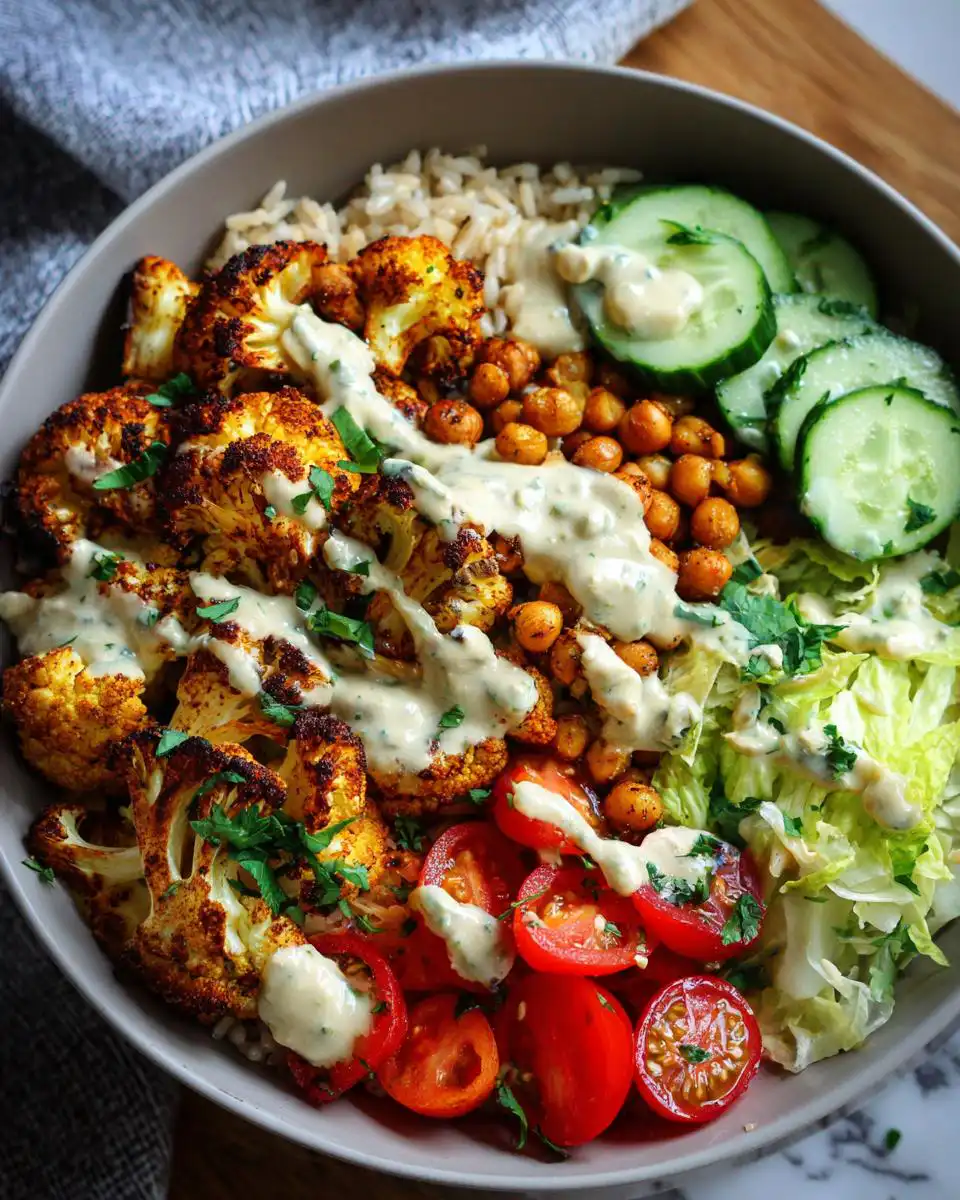A vibrant Cauliflower Shawarma Bowl filled with roasted cauliflower, chickpeas, rice, tomatoes, cucumbers, and lettuce, drizzled with tahini sauce.