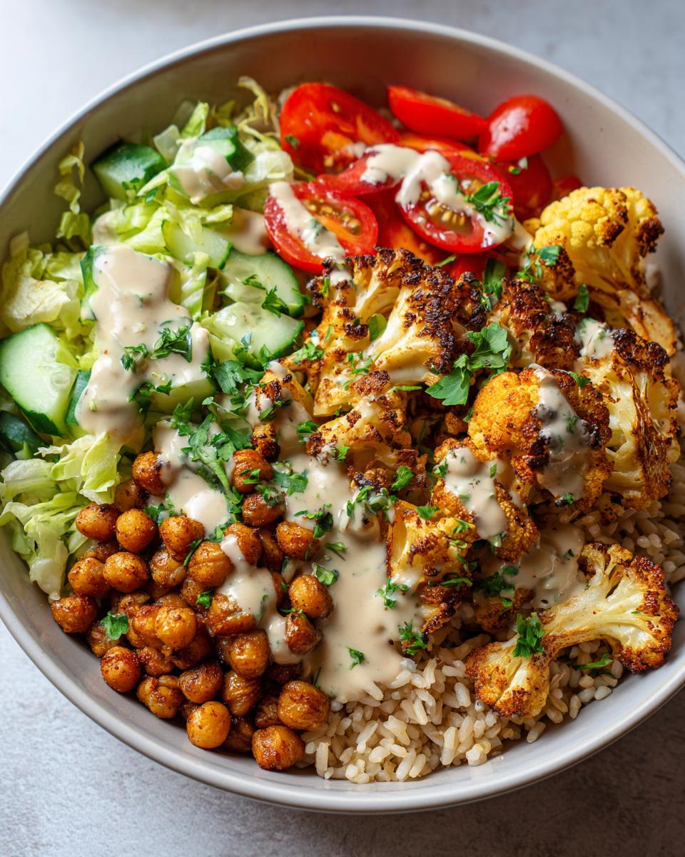 A vibrant Cauliflower Shawarma Bowl featuring roasted cauliflower, chickpeas, rice, lettuce, tomatoes, and a creamy tahini dressing.