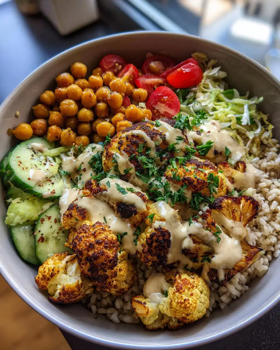 A close-up of a delicious Cauliflower Shawarma Bowl, featuring roasted cauliflower, chickpeas, cucumber, tomatoes, and rice with a tahini sauce.