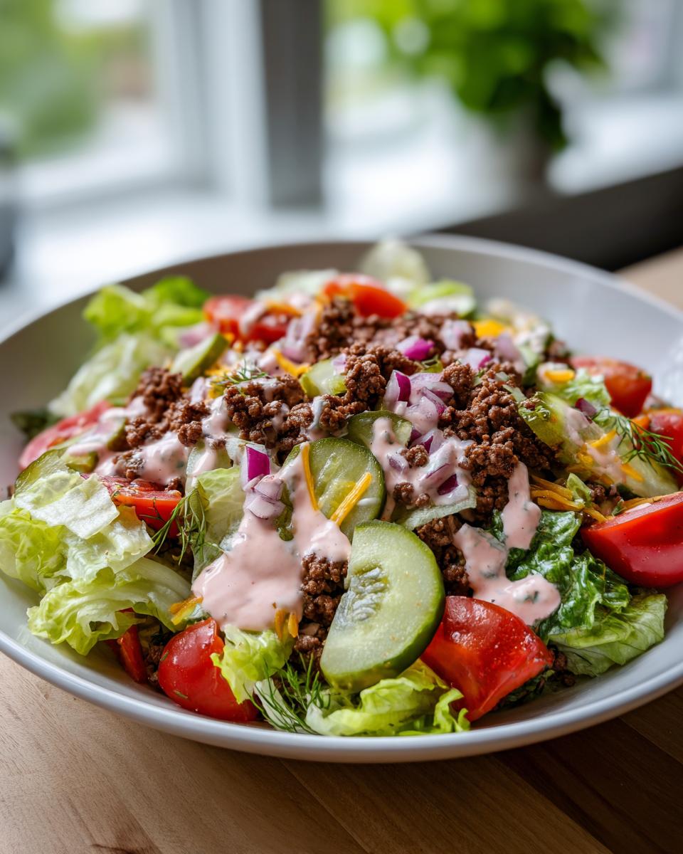 A vibrant bowl of cheeseburger salad featuring seasoned ground beef, lettuce, tomatoes, pickles, red onion, and a creamy pink dressing.