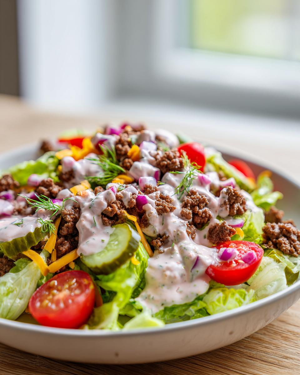 A close-up of a vibrant cheeseburger salad featuring lettuce, seasoned ground beef, pickles, tomatoes, onions, cheese, and a creamy dressing.