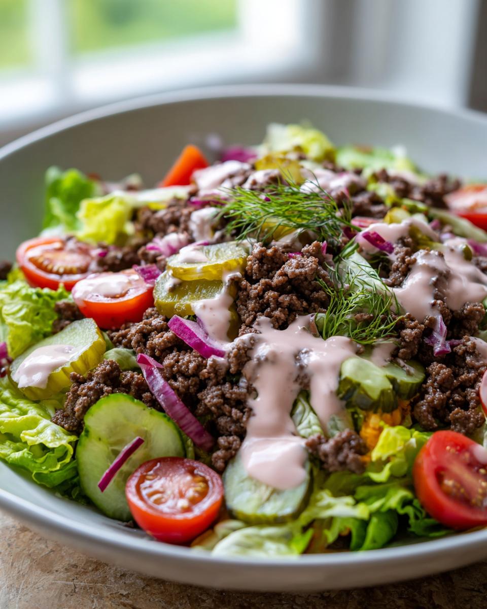 A close-up of a hearty cheeseburger salad with seasoned ground beef, lettuce, tomatoes, pickles, red onion, and a creamy dressing.