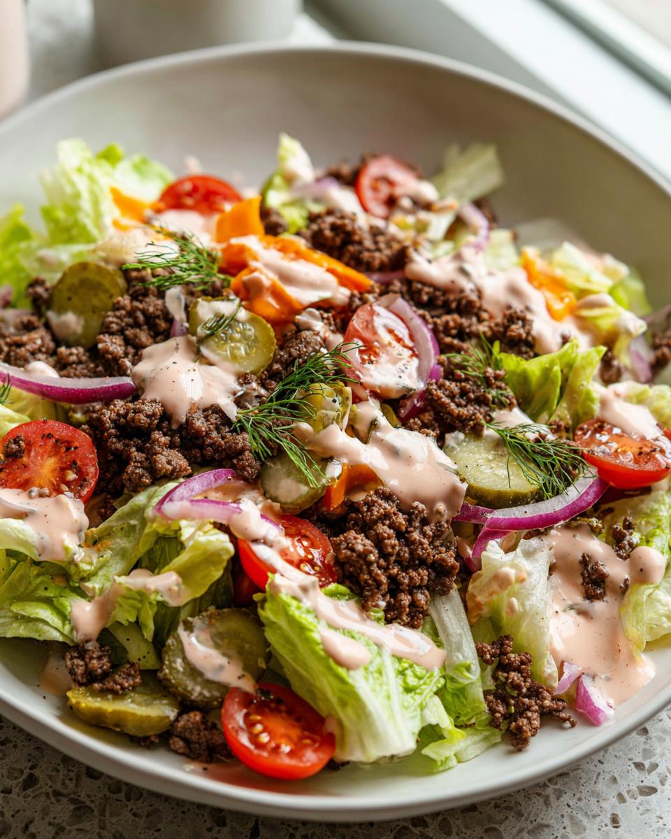 A close-up of a fresh cheeseburger salad with ground beef, lettuce, tomatoes, pickles, onions, and dressing.