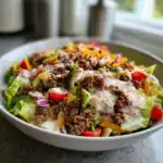 A close-up of a hearty cheeseburger salad with seasoned ground beef, lettuce, tomatoes, onions, cheese, and a creamy dressing.