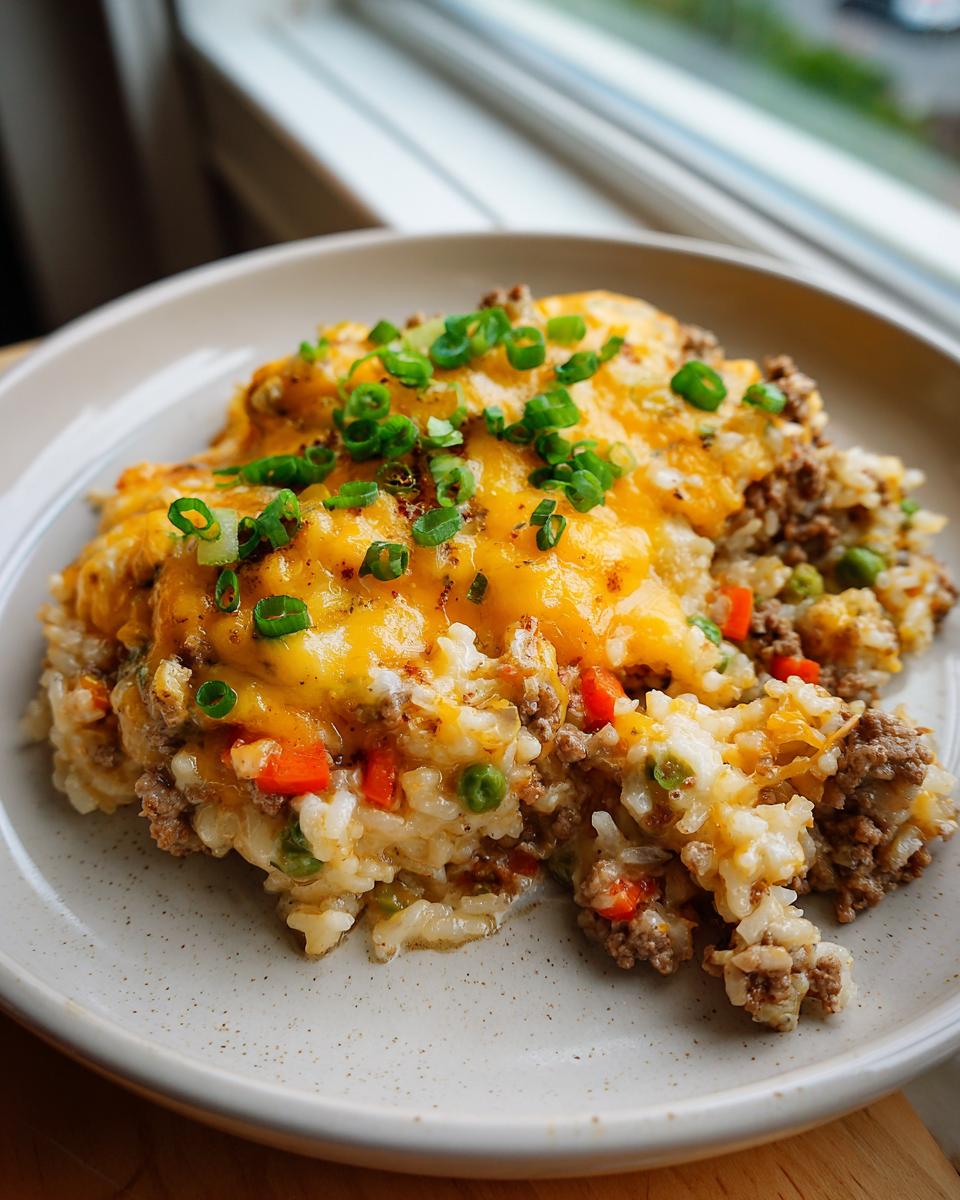A serving of Cheesy Ground Beef and Rice Casserole topped with melted cheddar cheese and green onions.