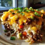 A delicious slice of Cheesy Ground Beef and Rice Casserole, topped with melted cheddar cheese and green onions.