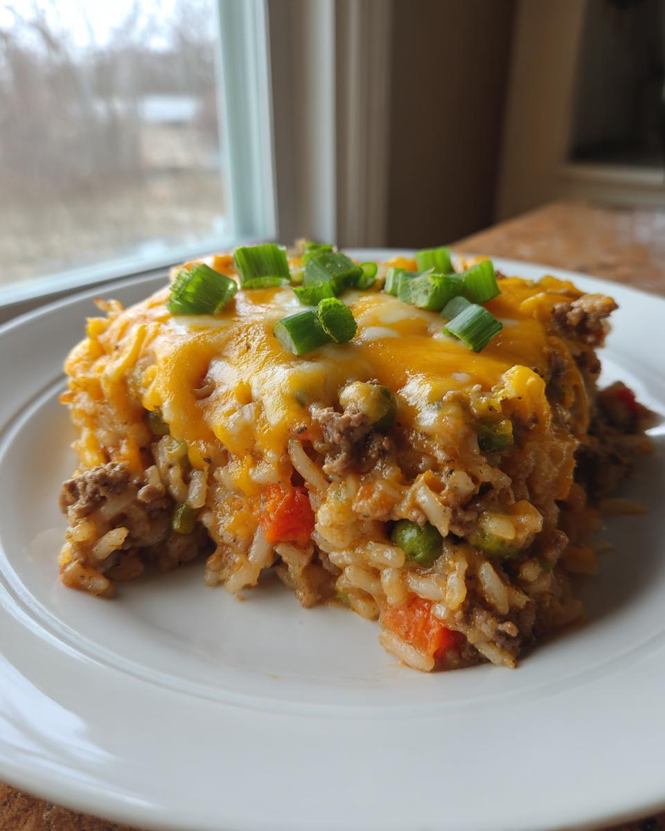 A delicious slice of Cheesy Ground Beef and Rice Casserole topped with melted cheese and green onions.