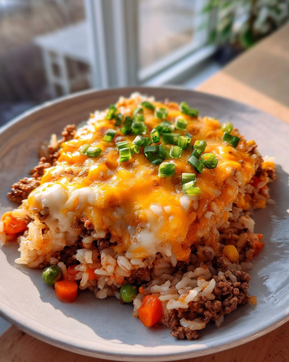 A generous slice of Cheesy Ground Beef and Rice Casserole topped with melted cheddar cheese and green onions.