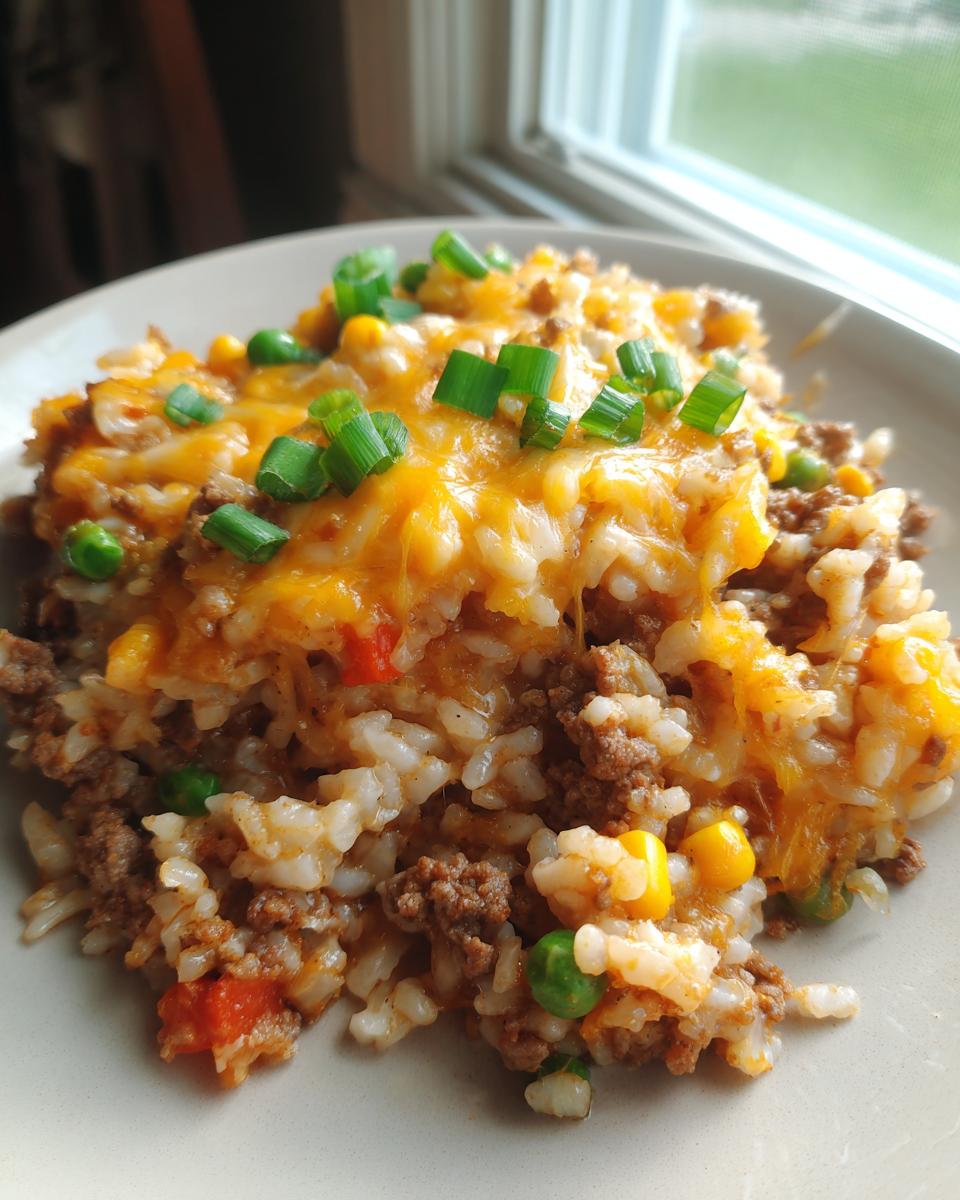 A close-up of Cheesy Ground Beef and Rice Casserole topped with melted cheese and chopped green onions.