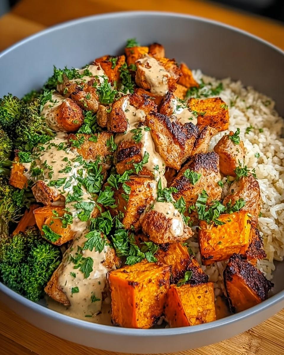 A close-up of a bowl filled with rice, roasted sweet potatoes, broccoli, and seasoned chicken, drizzled with a creamy sauce and garnished with parsley.