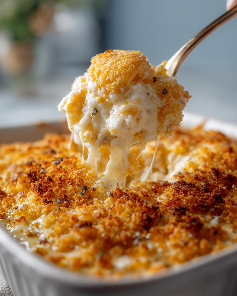 A spoonful of creamy chicken cracker casserole with a golden, crispy topping and melted cheese.