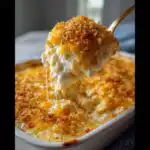 A spoonful of creamy chicken cracker casserole with melted cheese and a crispy breadcrumb topping.