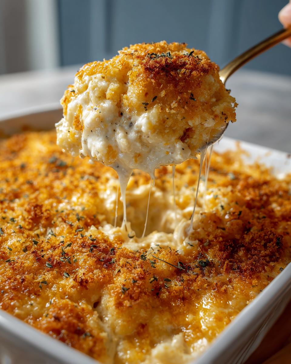 A spoonful of creamy chicken cracker casserole with melted cheese strings, topped with golden breadcrumbs and herbs.