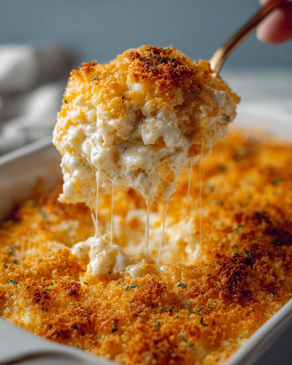 A spoonful lifting a cheesy, creamy portion of chicken cracker casserole with a golden, crispy topping.