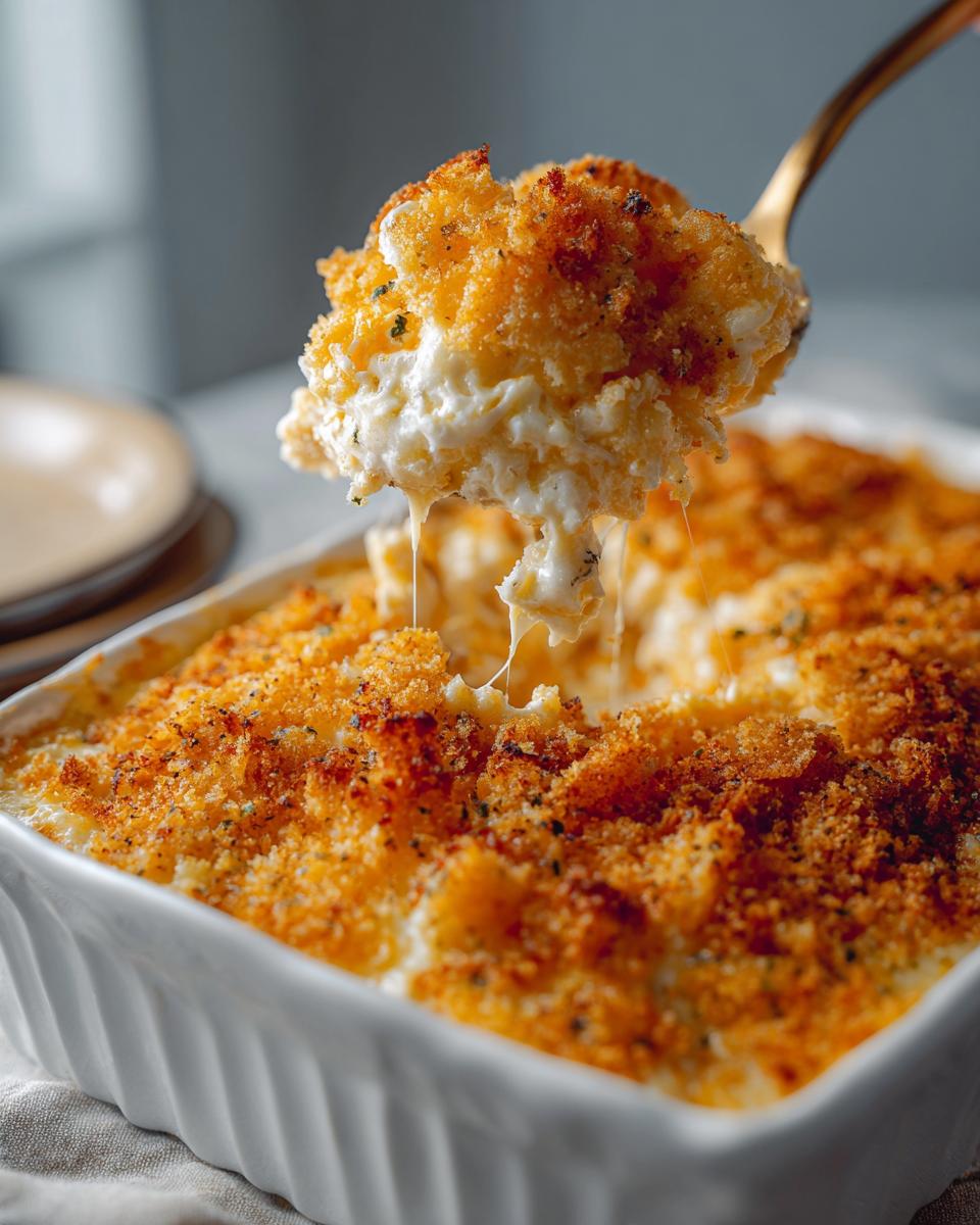A spoonful of creamy chicken cracker casserole with melted cheese strings, showing a golden, crispy breadcrumb topping.