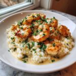 A bowl of creamy Garlic Parmesan Rice topped with succulent Chicken Scampi and fresh parsley.