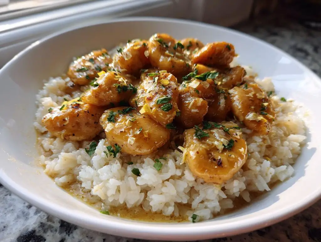 A close-up of Chicken Scampi with Garlic Parmesan Rice, featuring tender chicken pieces in a savory sauce over fluffy rice, garnished with parsley.