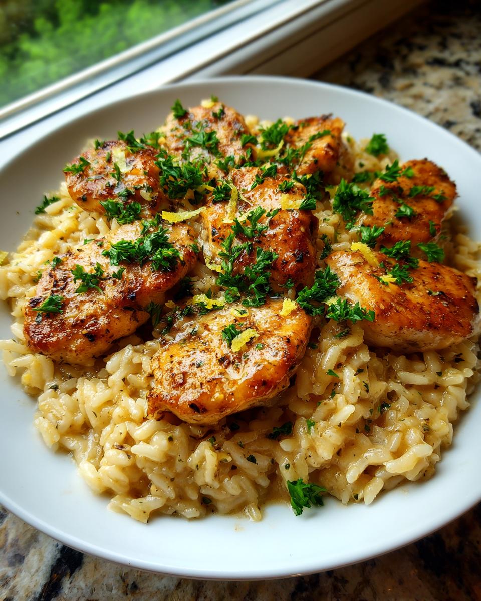 A white bowl filled with creamy Garlic Parmesan Rice topped with golden-brown Chicken Scampi and fresh parsley.