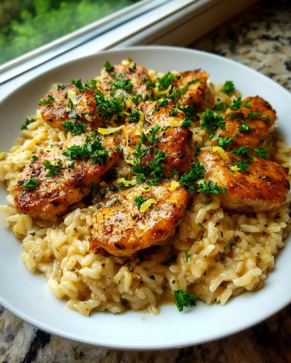 A white bowl filled with creamy Garlic Parmesan Rice topped with golden-brown Chicken Scampi and fresh parsley.