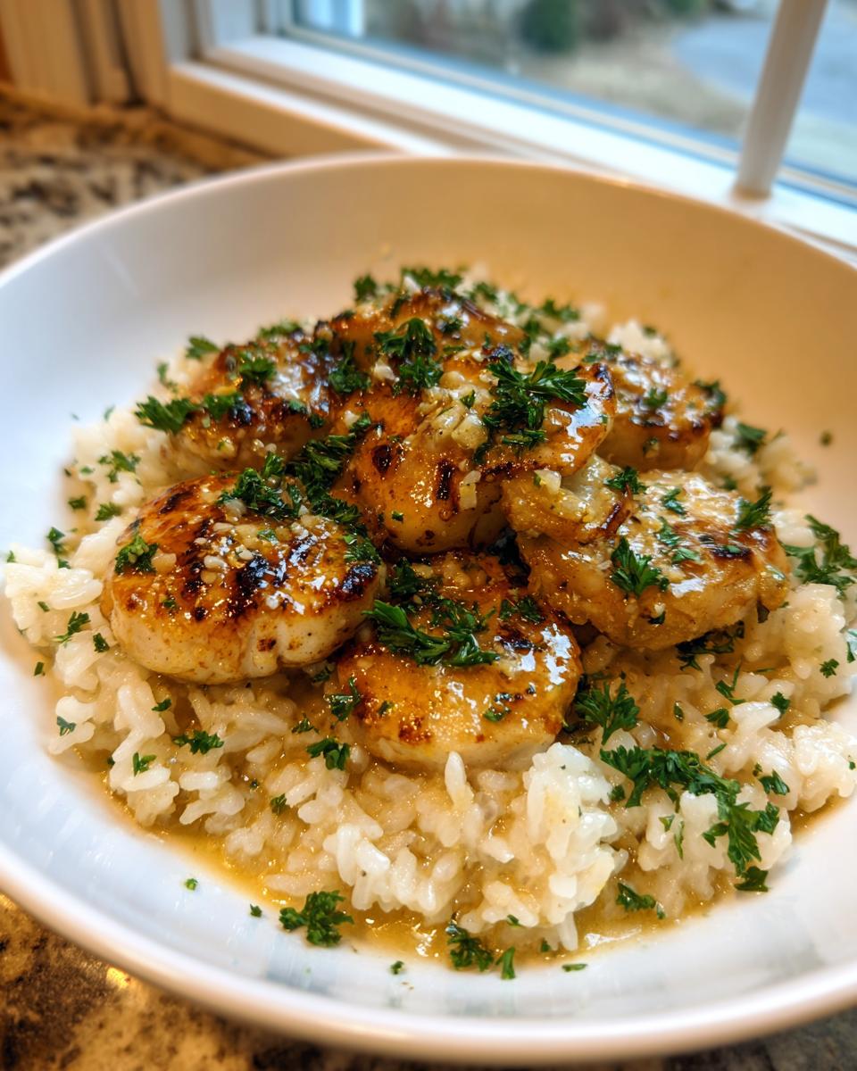 A close-up of Chicken Scampi with Garlic Parmesan Rice, topped with fresh parsley.
