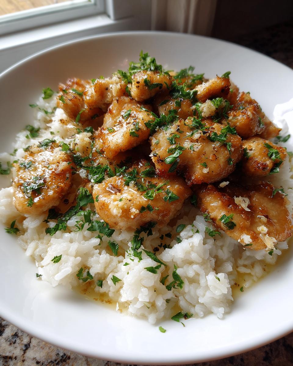 A bowl of Chicken Scampi served over fluffy Garlic Parmesan Rice, garnished with fresh parsley.
