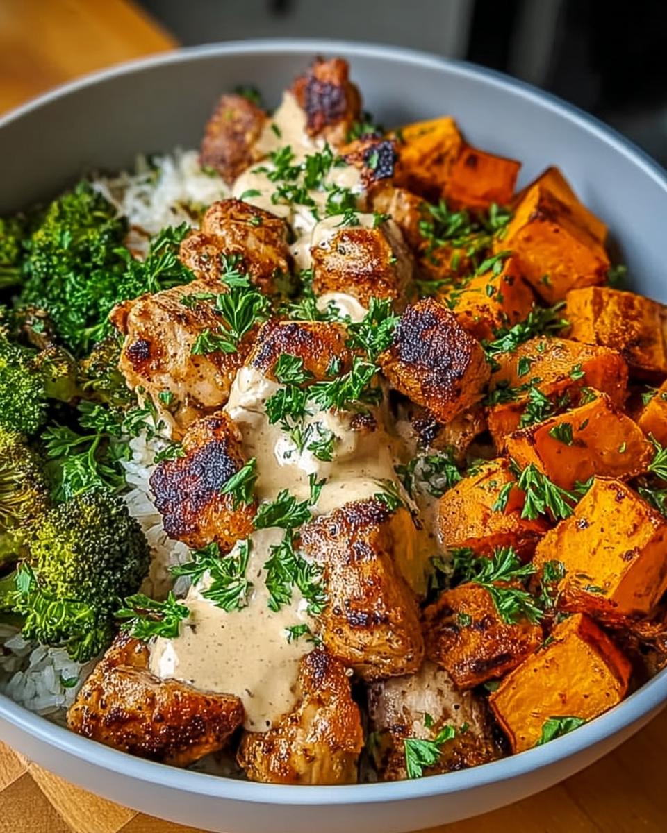 A close-up of Chicken and Sweet Potato Bowls featuring rice, roasted sweet potatoes, broccoli, and grilled chicken pieces drizzled with sauce and parsley.