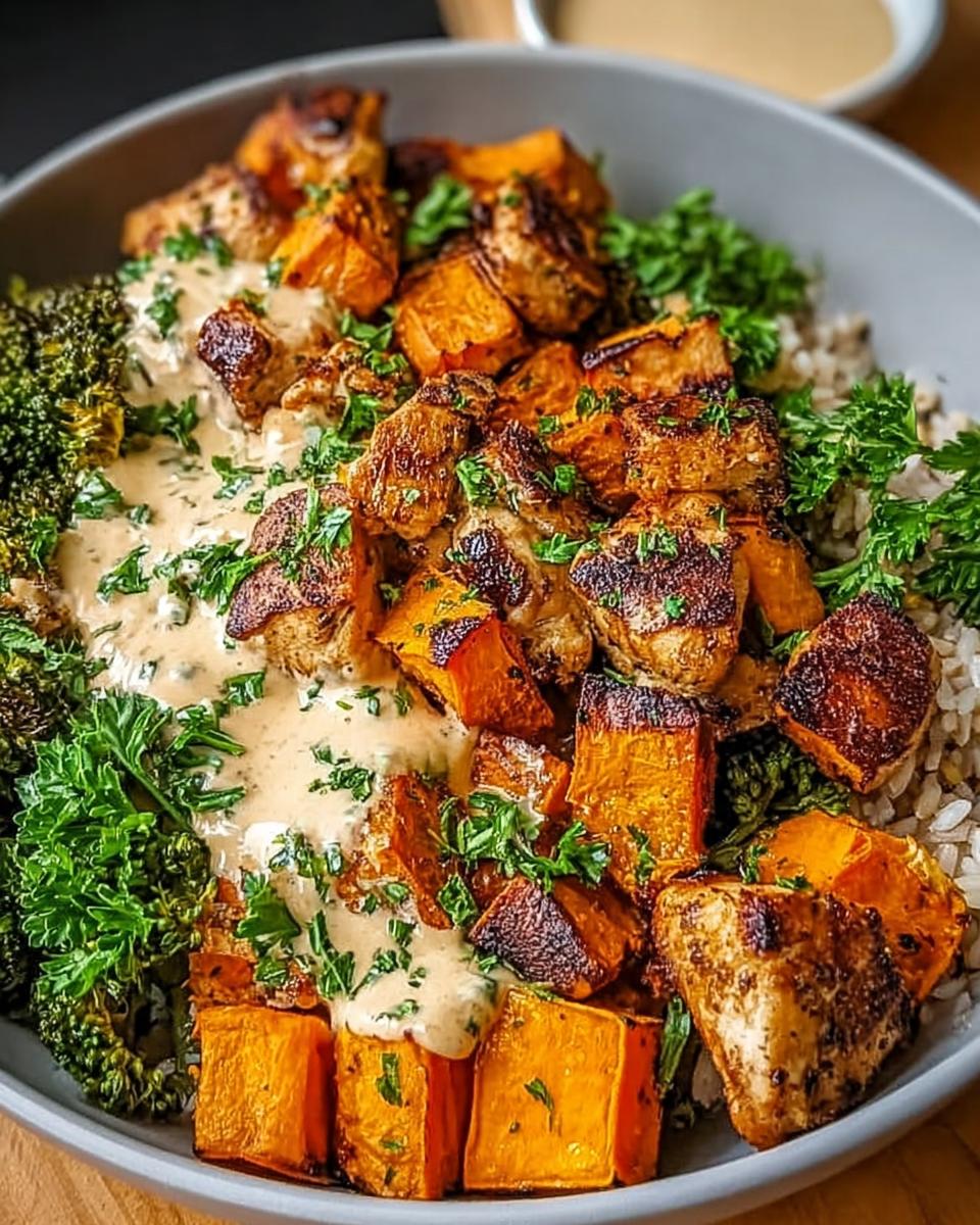 A close-up of a Chicken and Sweet Potato Bowl featuring roasted chicken, sweet potato cubes, broccoli, rice, and a creamy drizzle.